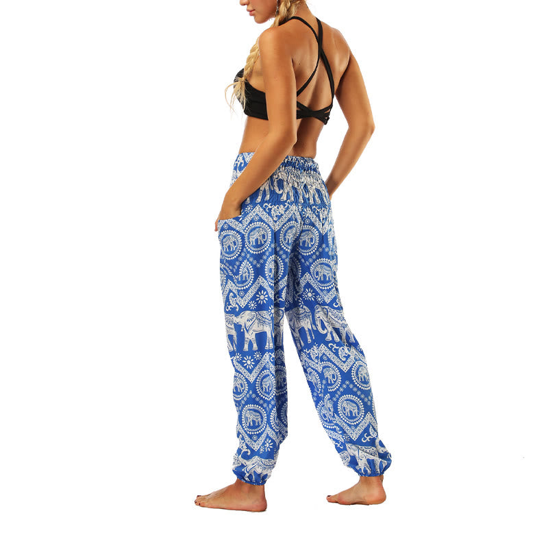 Buddha Stones Boho Lockere Haremshose mit geometrischem Elefantenmuster für Damen, Yogahose