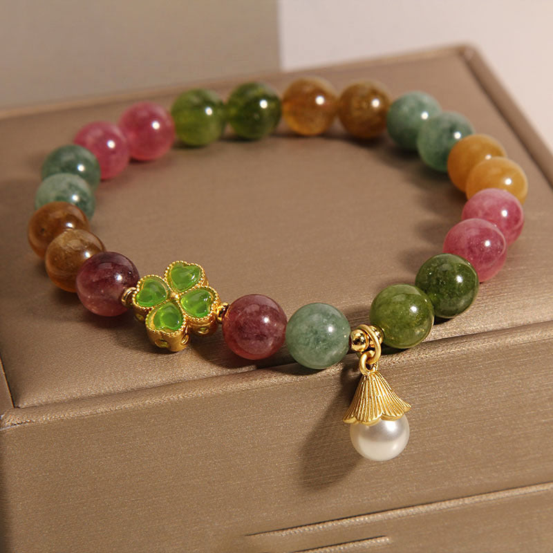 Buddha-Steine, buntes Turmalin-Armband mit vierblättrigem Kleeblatt und Blume, Weisheitsarmband