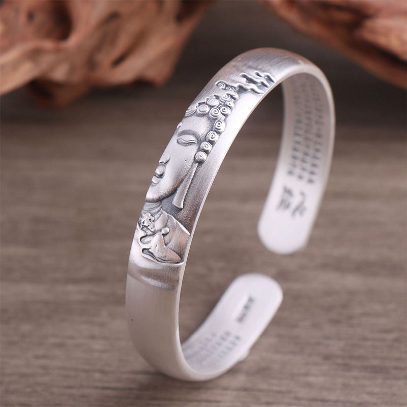 Buddha Stones 999 Sterling Silber Buddha Kopf Herz Sutra Serenity Armband Armreif - image 1