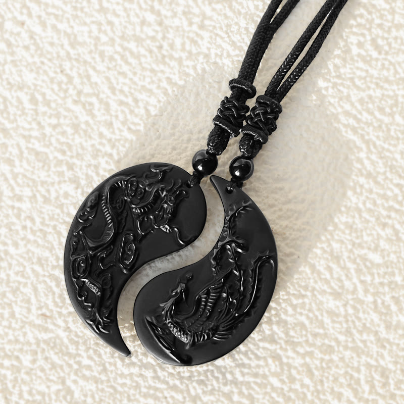 Buddha Stones, schwarzer Obsidian, Yin-Yang-Drache, Phönix, Glücks-Halsketten-Anhänger