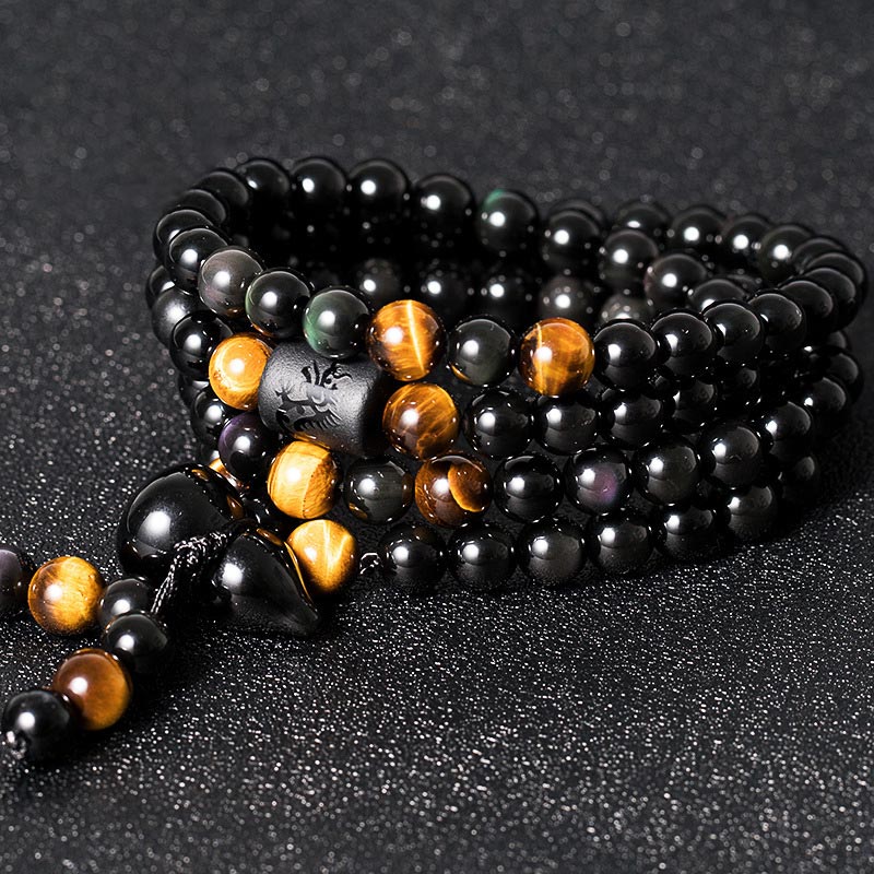 Buddha Stones Natürliches schwarzes Obsidian-Regenbogen-Obsidian-Kürbis-Segen-Armband Mala