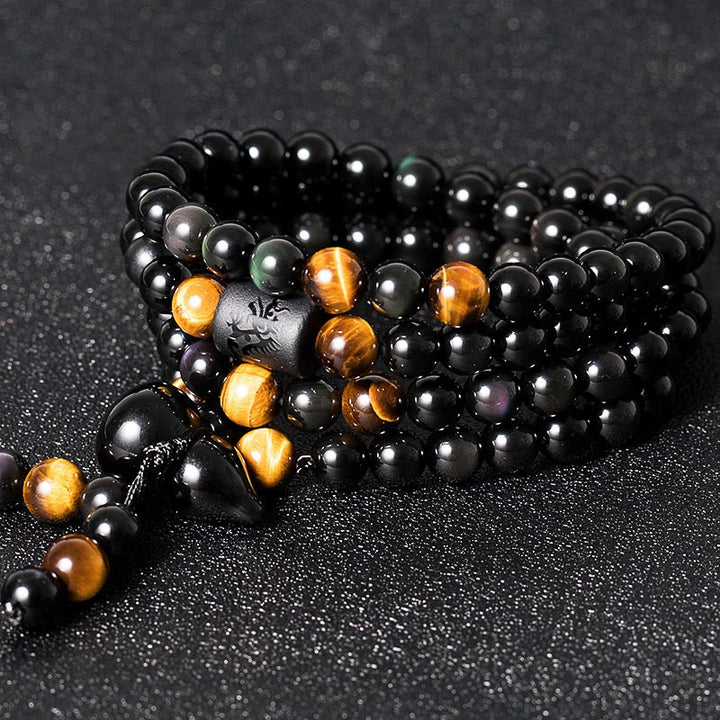 Buddha Stones Natürliches schwarzes Obsidian-Regenbogen-Obsidian-Kürbis-Segen-Armband Mala