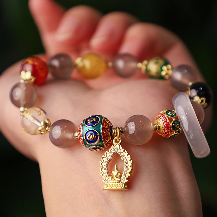 Buddha Stones Five Directions Gods of Wealth Om Mani Padme Hum Buddha-Charm-Armband, natürlicher grauer Achat