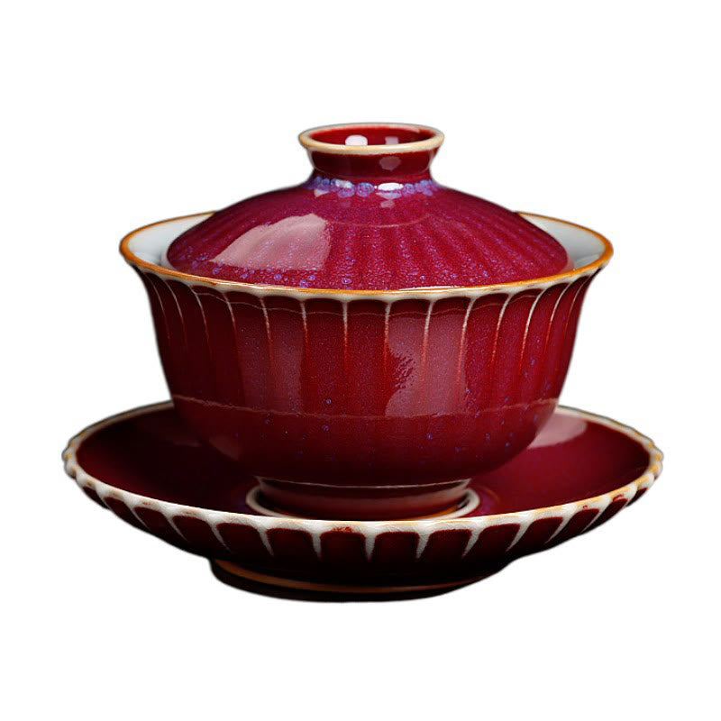 Buddha Stones Retro Glasur Ofenwechsel Keramik Gaiwan Sancai Teetasse Kung Fu Teetasse und Untertasse mit Deckel - image 6