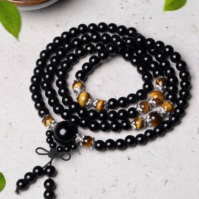 Buddha Stones 108 Perlen natürliches schwarzes Obsidian-Tigerauge-Mala-Armband