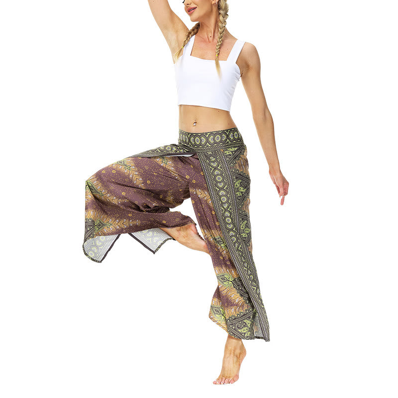 Buddha Stones Boho Geometrische Feder Split Oberschenkel Weite Beinhose Sport Fitness Tanz Damen Yogahose