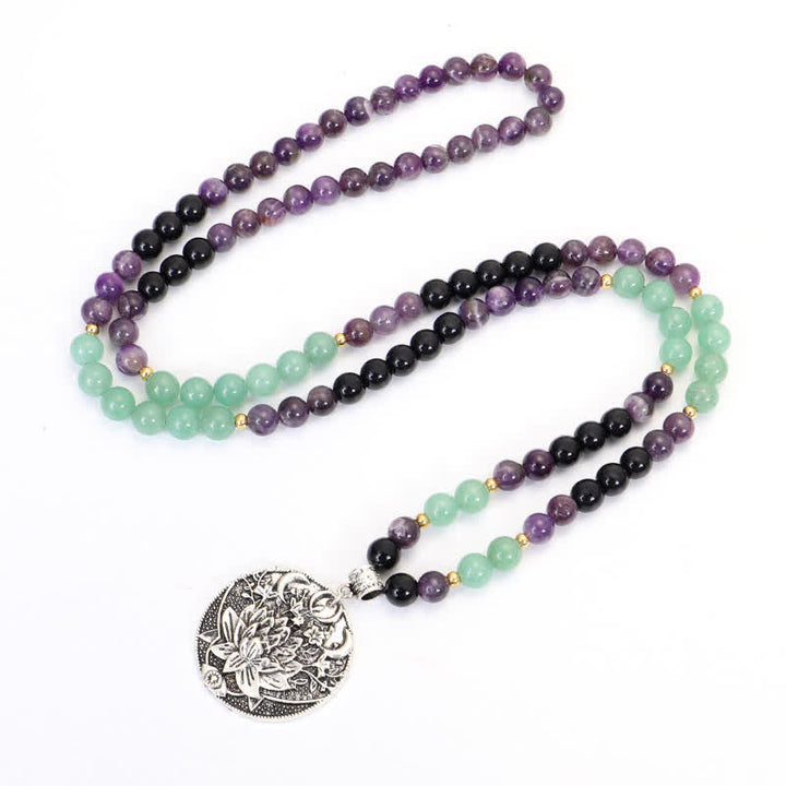 Buddha Stones 108 Mala-Perlen, Amethyst, grüner Aventurin, Lotus, Meditationsarmband