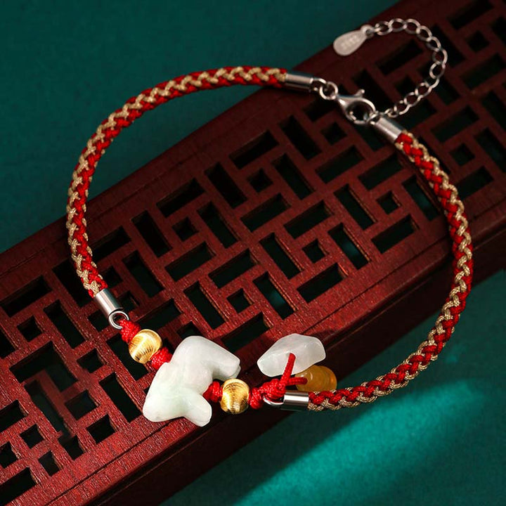 Buddha Stones, chinesisches Sternzeichen, Jade, Wohlstand, rote Schnur, Fußkettchen - Ochse (Armband/Fußkettchen Größe 19,5+4cm) - image 5