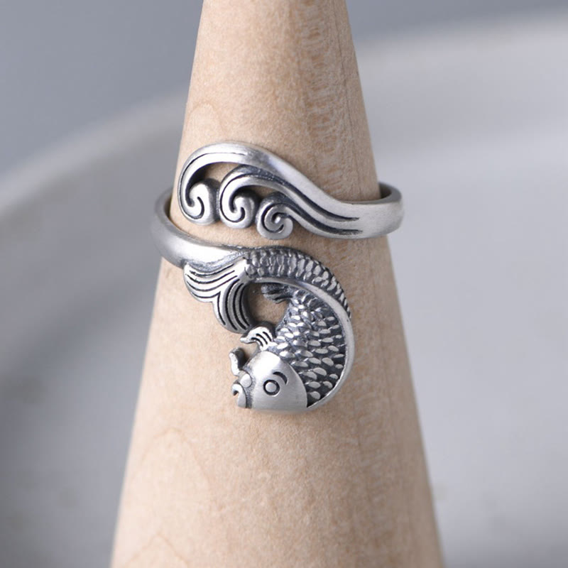 Buddha Stones 925 Sterling Silber Koi Fisch Wasser Welligkeit Glück Reichtum Ring - image 10