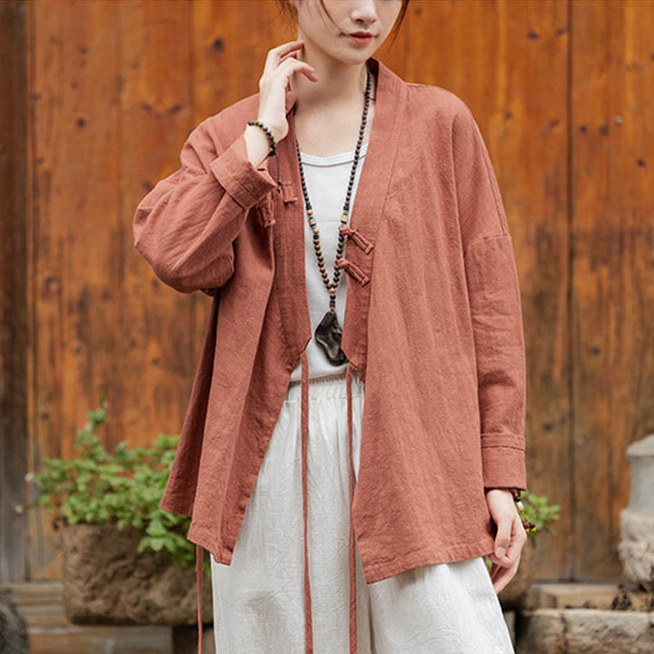 Buddha Stones Frosch-Knopf Hanfu Design Shirt Top Ramie Leinen Jacke