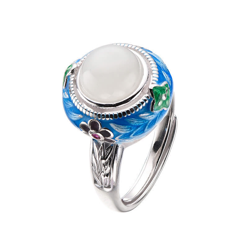 Buddha Stones 925 Sterling Silber Blau Emaille Rund Hetian Jade Glück Halskette Anhänger Ring Set