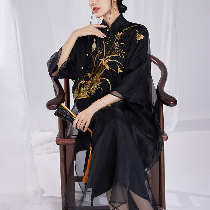 Buddha Stones 100 % Maulbeerseide 6 Momme Kleid Vintage Blume Schmetterling Stickerei Qipao Kleid Damen Cheongsam Kleid - image 16