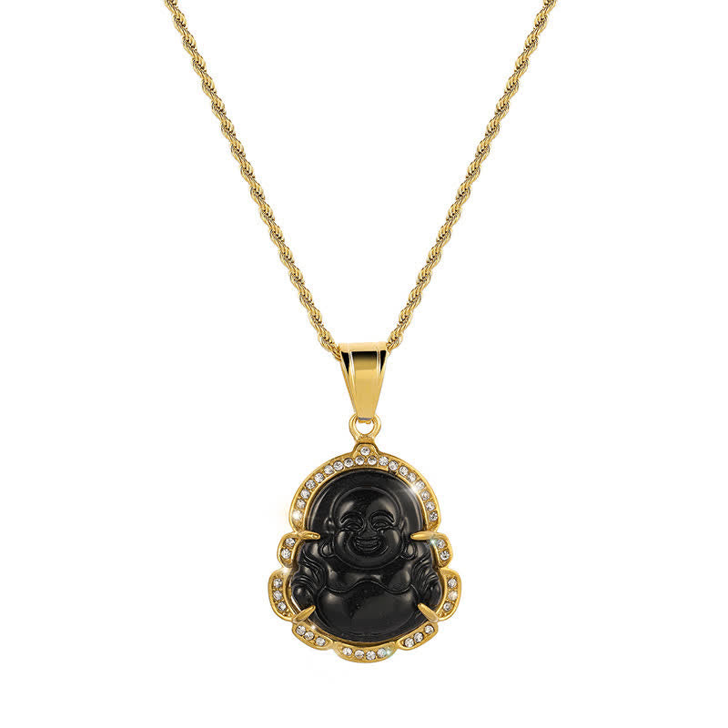 Buddha Stones 18K Gold gefüllt Lachender Buddha Jade Glück Halskette Kettenanhänger