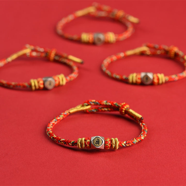 Buddha Stones 925 Sterling Silber Chinesisches Sternzeichen Natal Buddha Rot Buntes Seil Glück Handgefertigtes Armband