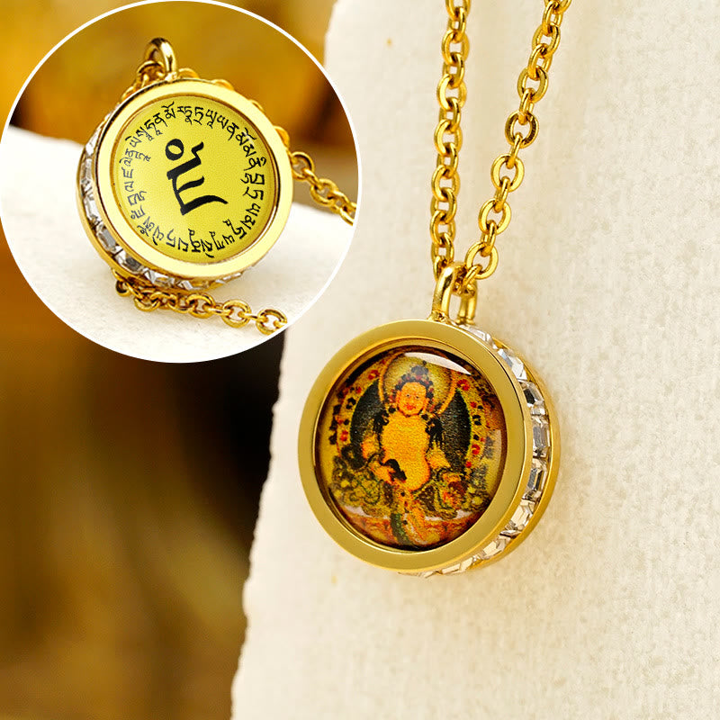 Buddha Stones, tibetischer gelber Gott des Reichtums, grüne Tara-Buddha-Gelassenheit, Halskettenanhänger aus Titanstahl - Vorderseite: Gelb, Gott des Reichtums, Rückseite: Mantra - image 1