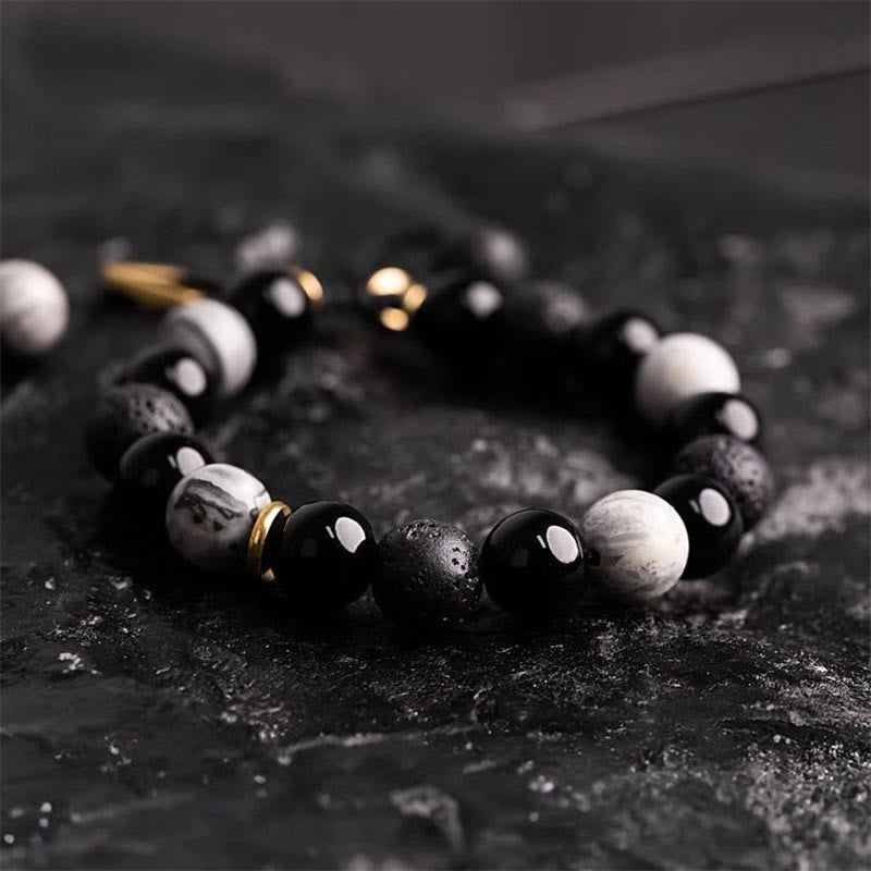 Buddha Stones Armband aus schwarzem Obsidian, Lavastein, Yin-Yang-Stärke - image 2