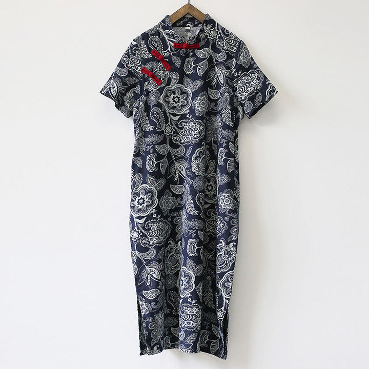 Buddha Stones Blau- Weiß Blume Froschknopf Cheongsam Kleider Kurzarm Leinenkleider mit Taschen