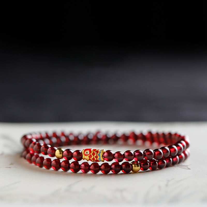 Buddha Stones 999 Gold Koi-Fisch-natürliches Granat-Schutzarmband - 4 mm Granat & Gold Koi Fisch Doppelwickelarmband - 17 cm - image 9