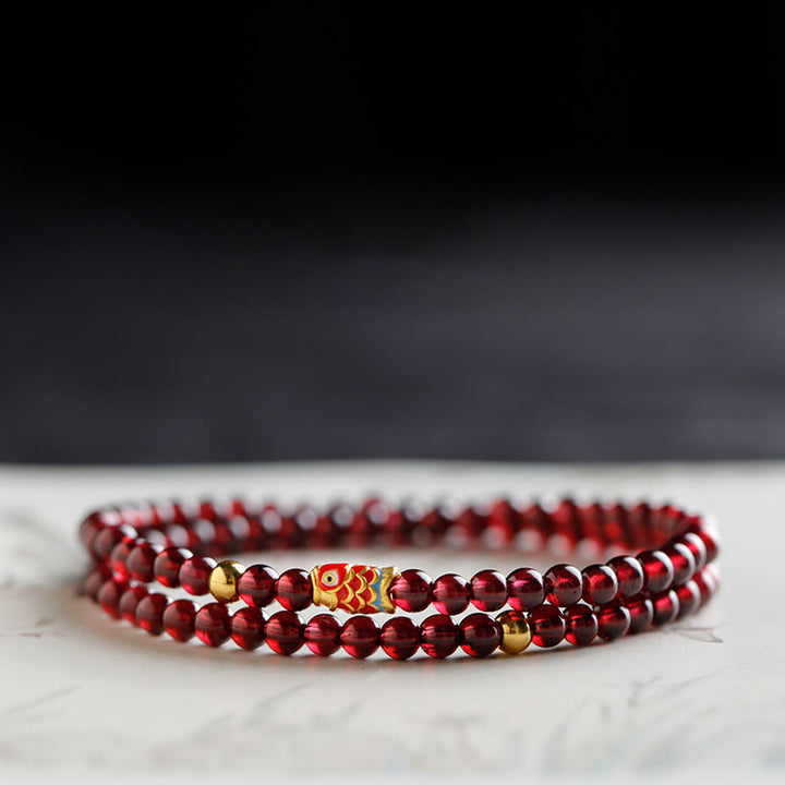 Buddha Stones 999 Gold Koi-Fisch-natürliches Granat-Schutzarmband - 4 mm Granat & Gold Koi Fisch Doppelwickelarmband - 17 cm - image 9