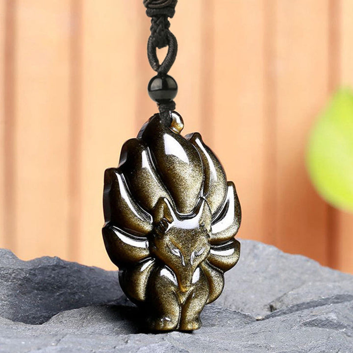 Buddha Stones Natürliche Fluorit-Goldglanz-Obsidian-Fuchs-Anhänger-Schutz-Halskette