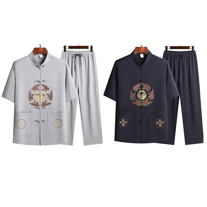 Buddha Stones Fu Charakter Tang Anzug Hanfu Traditionelle Uniform Kurzarm Oberteil Hosen Kleidung Herren Set