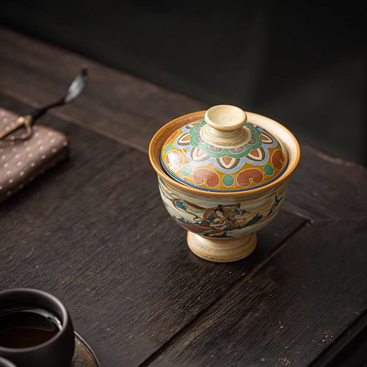 Buddha Stones Dunhuang Flying Apsaras Gaiwan Sancai Teetasse aus Keramik, Kung Fu Teetasse mit Deckel