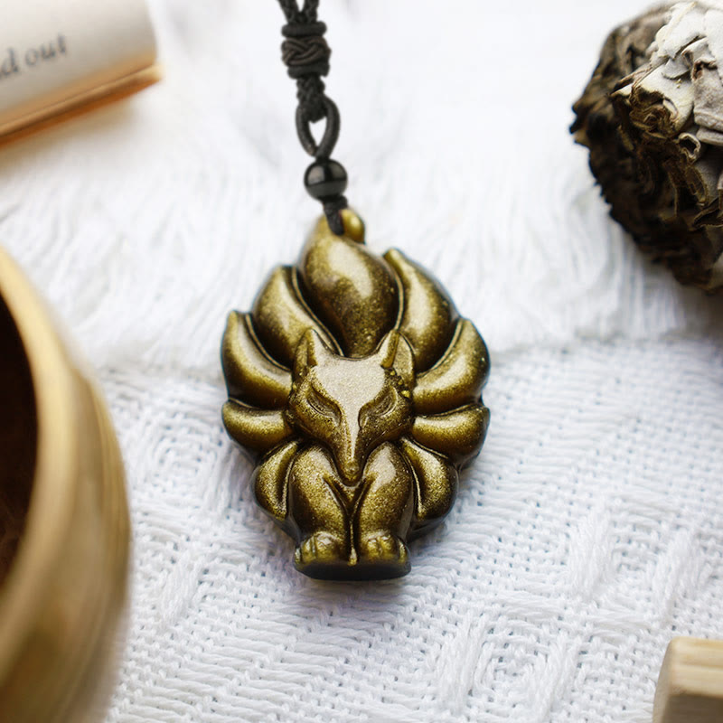 Buddha Stones Natürliche Fluorit-Goldglanz-Obsidian-Fuchs-Anhänger-Schutz-Halskette