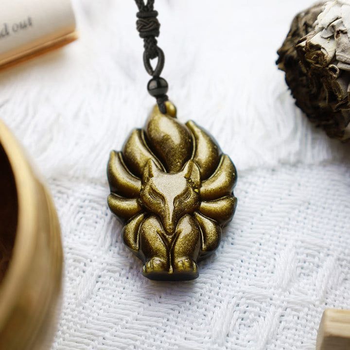 Buddha Stones Natürliche Fluorit-Goldglanz-Obsidian-Fuchs-Anhänger-Schutz-Halskette