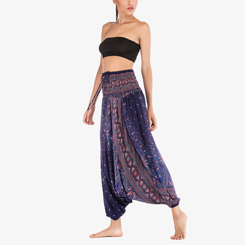 Buddha Stones Two Style Wear Feathers Geometrisches Muster Locker Smoked Hose Jumpsuit Damen Yogahose