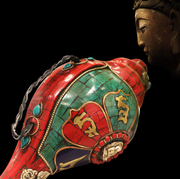 Tibetische handgemachte Shankha Om Mani Padme Hum Buddha Muschel Glücksdekoration - image 3