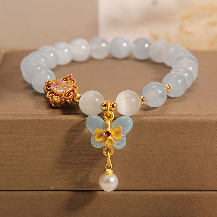 Buddha Stones Aquamarin Katzenauge Heilender Schmetterling Perlen Charm Armband