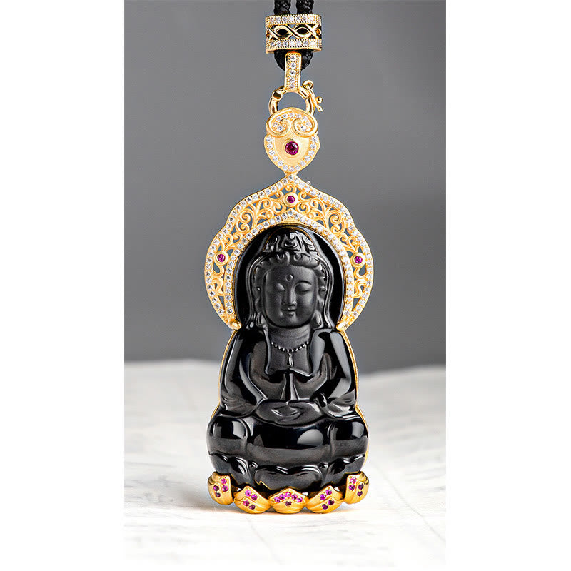 Buddha Stones , natürlicher schwarzer Jade-Anhänger, Kwan Yin Avalokitesvara, Reichtums-Titanstahlkette - image 7