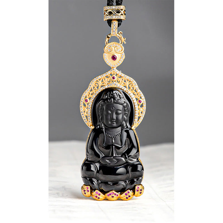 Buddha Stones , natürlicher schwarzer Jade-Anhänger, Kwan Yin Avalokitesvara, Reichtums-Titanstahlkette - image 7