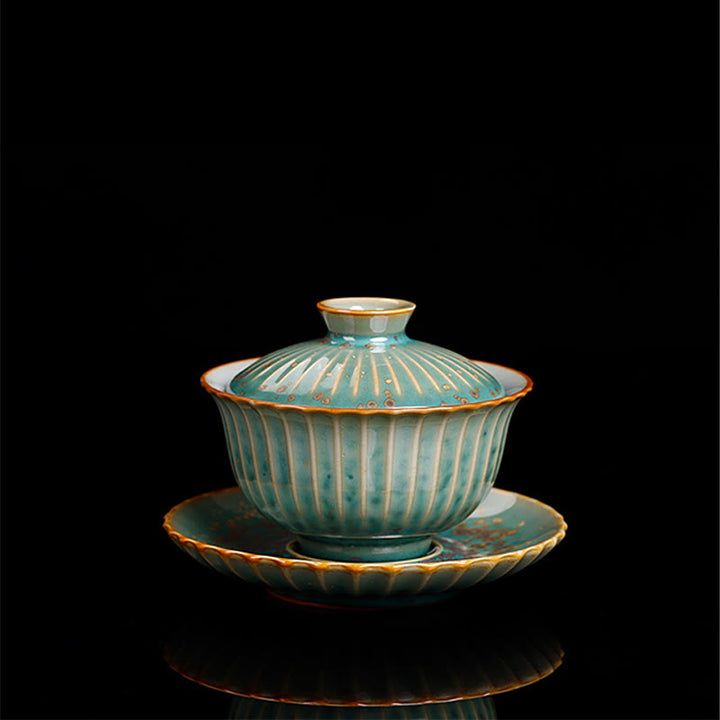 Buddha Stones Retro Glasur Ofenwechsel Keramik Gaiwan Sancai Teetasse Kung Fu Teetasse und Untertasse mit Deckel - image 17
