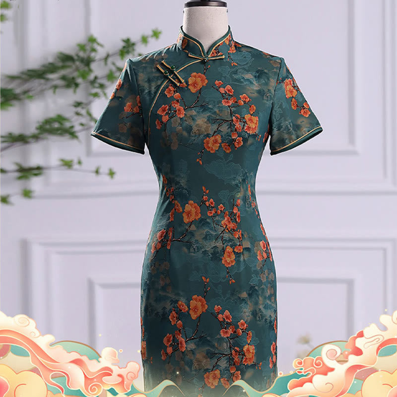 Buddha Stones Retro Blume Lotus Pfingstrose Feder Druck Qipao Kleid Damen Cheongsam Kleid