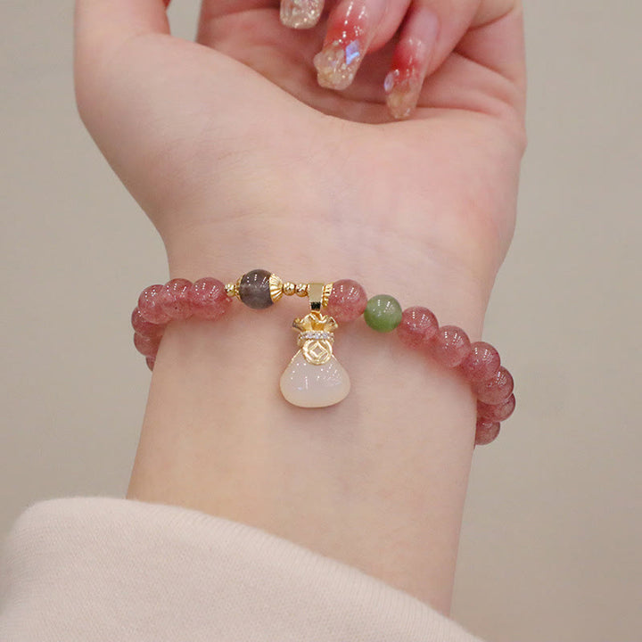 Buddha Stones Armband mit natürlicher Erdbeerquarz-Jade und Peace-Schnalle für Münzgeldbörse, Heilung