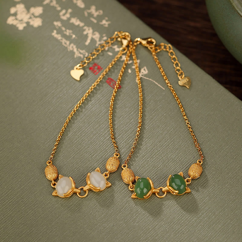 Buddha Stones 925 Sterling Silber Natürliche Hetian Weiß Jade Cyan Jade Schönes Fuchs-Glücksarmband - image 1