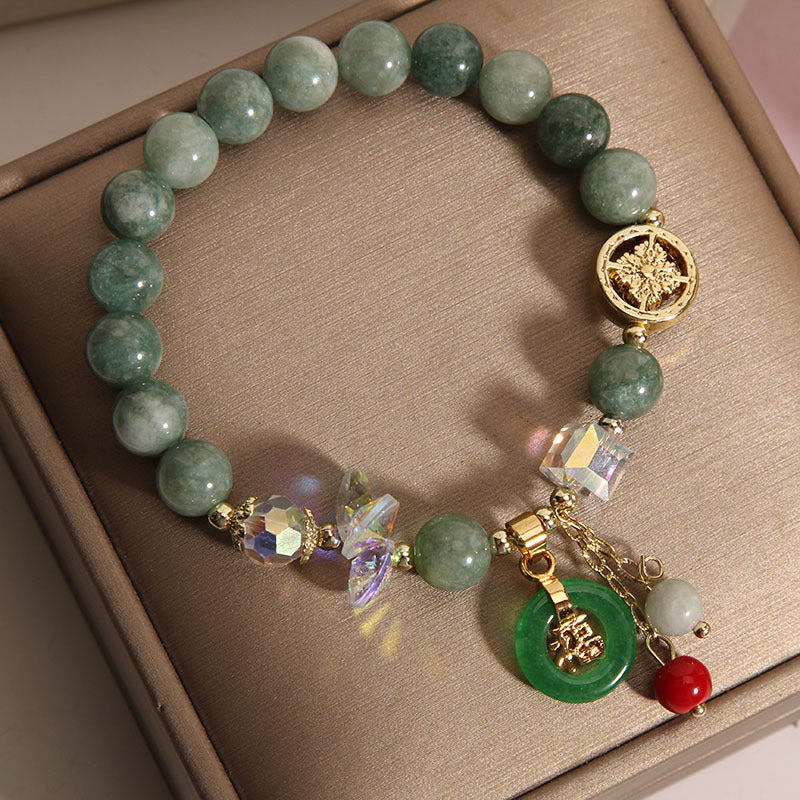 Buddha Stones Charm-Heilarmband aus Erdbeerquarz und Jade mit Fu-Charakter