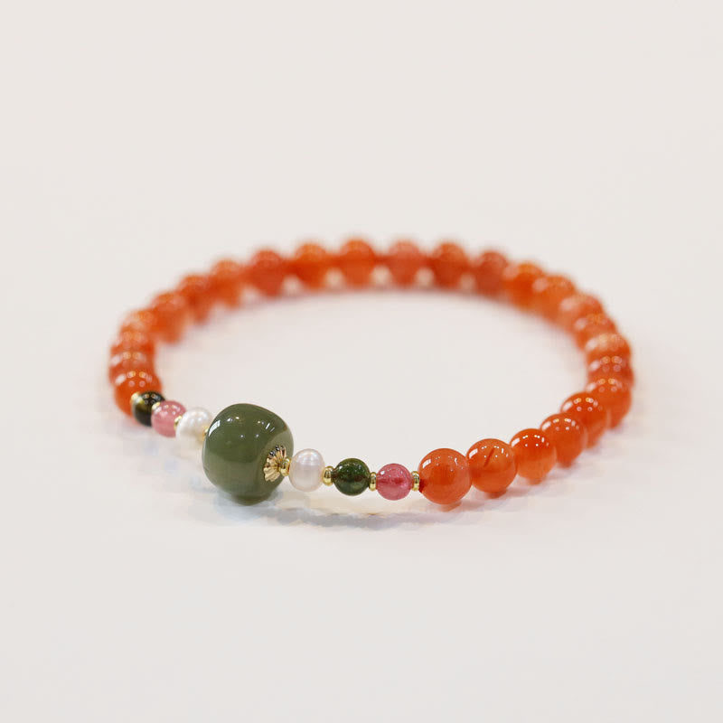 Buddha Stones Armband aus natürlichem rotem Achat und Hetian-Jade-Perle für Selbstvertrauen und Ruhe