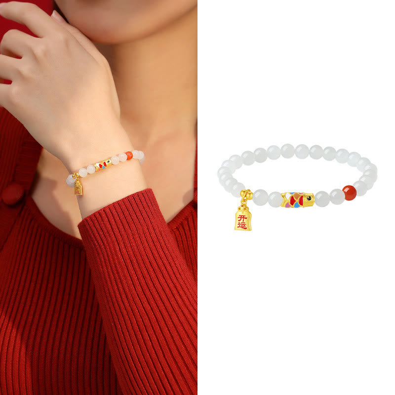 Buddha Stones 925 Sterling Silber Hetian Weiß Jade Roter Achat Koi Fisch Glück Glücksarmband - image 9