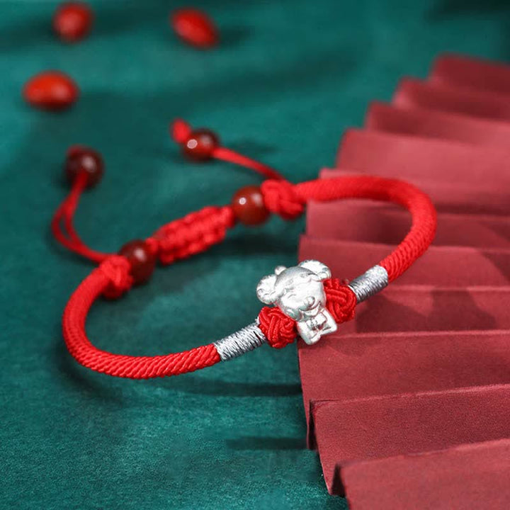 Buddha Stones Armband aus 999er-Sterlingsilber, chinesisches Sternzeichen, Glück, Stärke, rote Schnur - Ziege (Armbandgröße 15,5 cm + 8 cm) - image 13