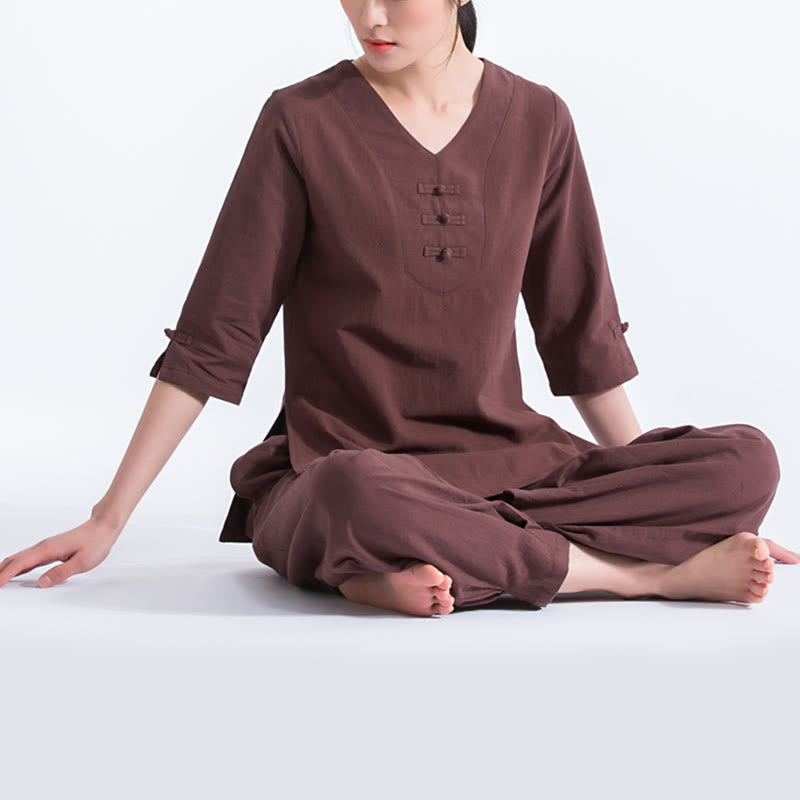 Buddha Stones Yoga Meditation Gebet V-Ausschnitt Design Baumwolle Leinen Kleidung Uniform Zen Praxis Damen Set