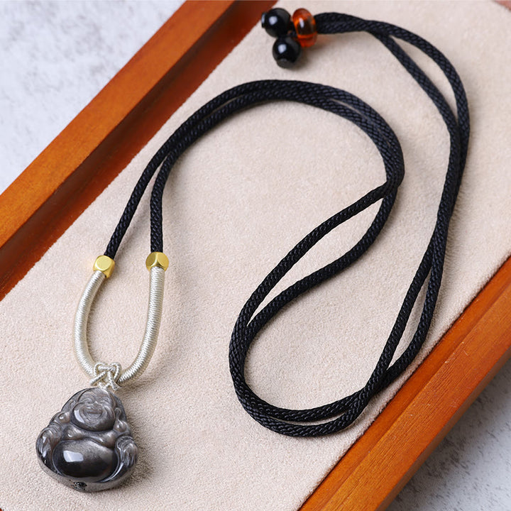 Buddha Stones, natürlicher silberfarbener Obsidian, lachender Buddha-Schutz-Halsketten-Anhänger - Lachender Buddha Schwarze Halskette - image 10