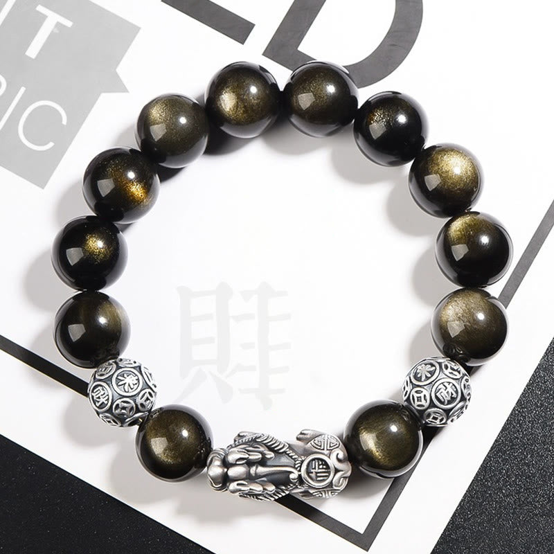 Buddha Stones 925 Sterling Silber Natürlicher Goldglanz Obsidian PiXiu Reichtumsschutzarmband - 10 mm - image 0