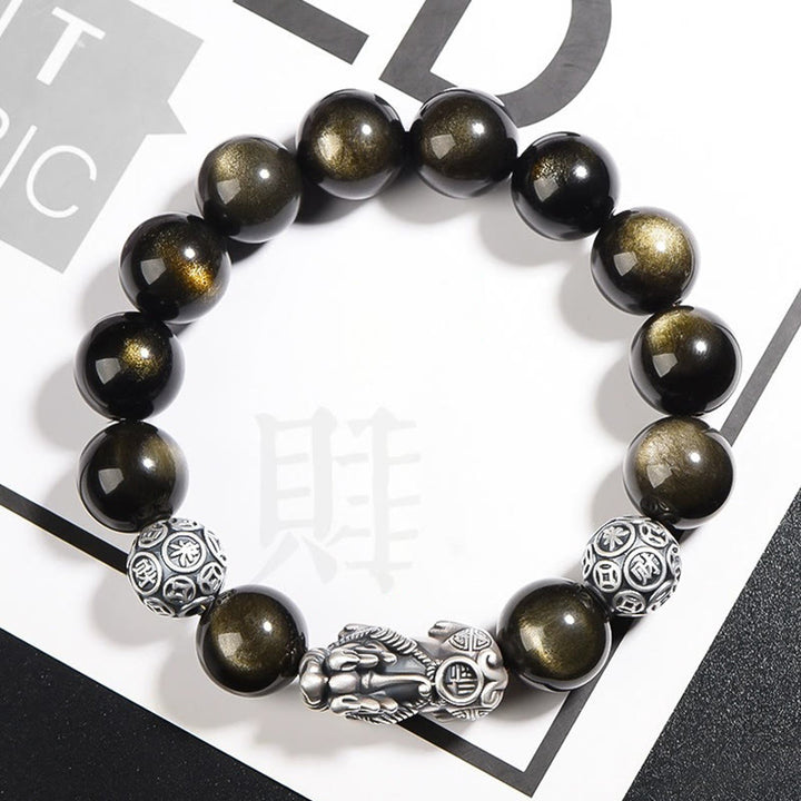 Buddha Stones 925 Sterling Silber Natürlicher Goldglanz Obsidian PiXiu Reichtumsschutzarmband - 10 mm - image 0