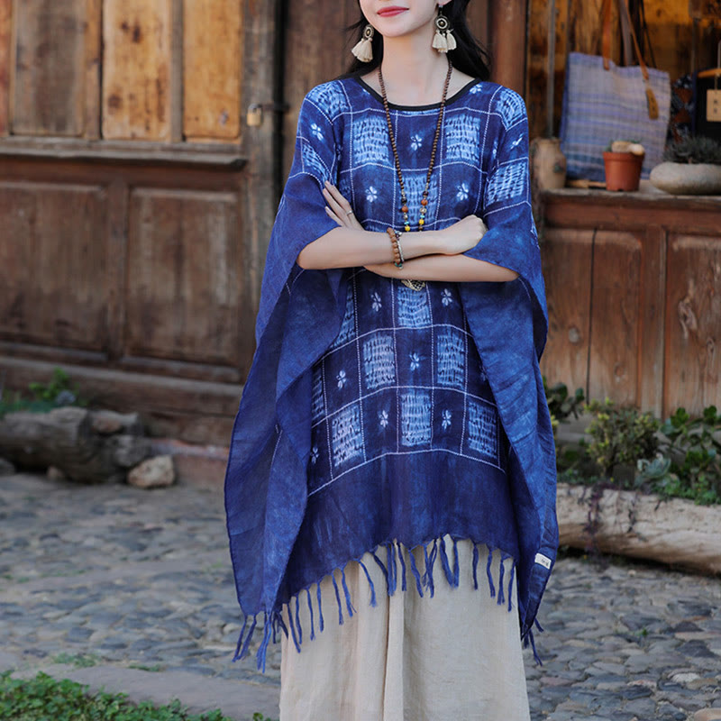 Buddha Stones Blau Farbblock Plaid Schal Quasten Weicher Pullover 90*95cm