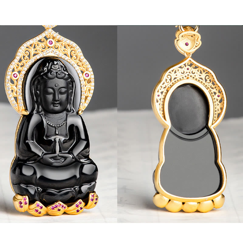 Buddha Stones , natürlicher schwarzer Jade-Anhänger, Kwan Yin Avalokitesvara, Reichtums-Titanstahlkette - image 4