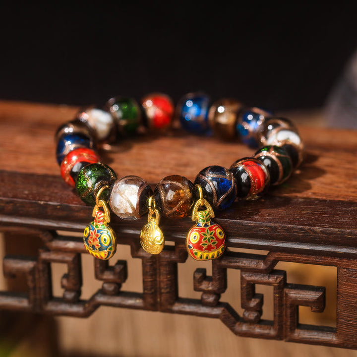 Buddha Stones Five Elements Gold Schlucktier Familie Charm Liuli Glasperlen Glücksarmband - Liuli Glasperle & Kleine Blaue Rot Gold Verschlingende Bestienfamilie - 14 mm (15 Perlen) - image 5
