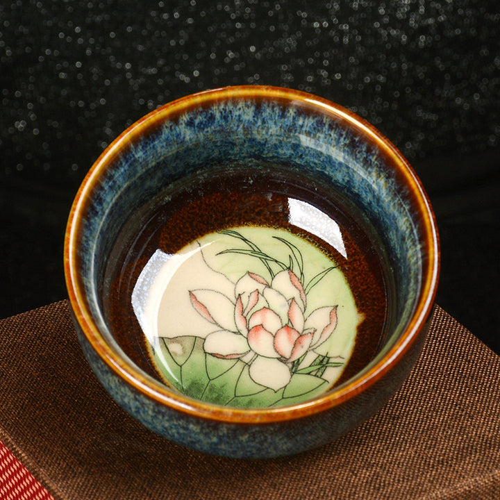 Buddha Stones Lotus Dragon Phoenix Koi Fish Chinesische Jianzhan-Keramik-Teetasse, Kung-Fu-Teetasse, 110 ml