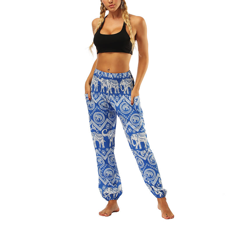 Buddha Stones Boho Lockere Haremshose mit geometrischem Elefantenmuster für Damen, Yogahose